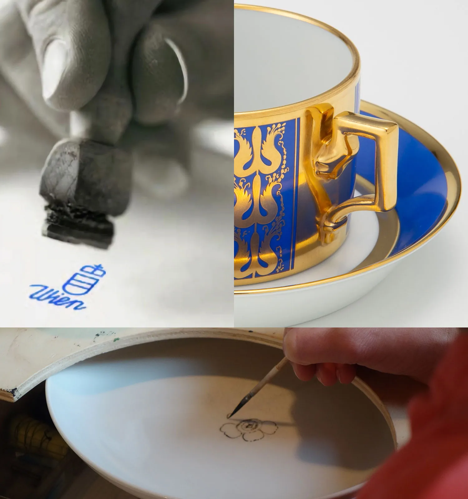 アウガルテンの職人技3場面：磁器にWien（ウィーン）バックスタンプを刻印する手、ブルーと金彩のティーカップ＆ソーサー、白磁に花を手描きで絵付けする職人