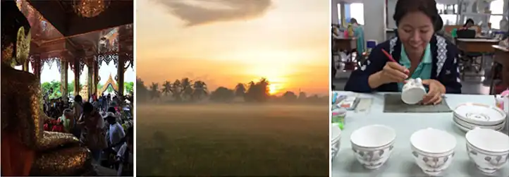 タイの風景とブランベンジャロンの絵付け作業