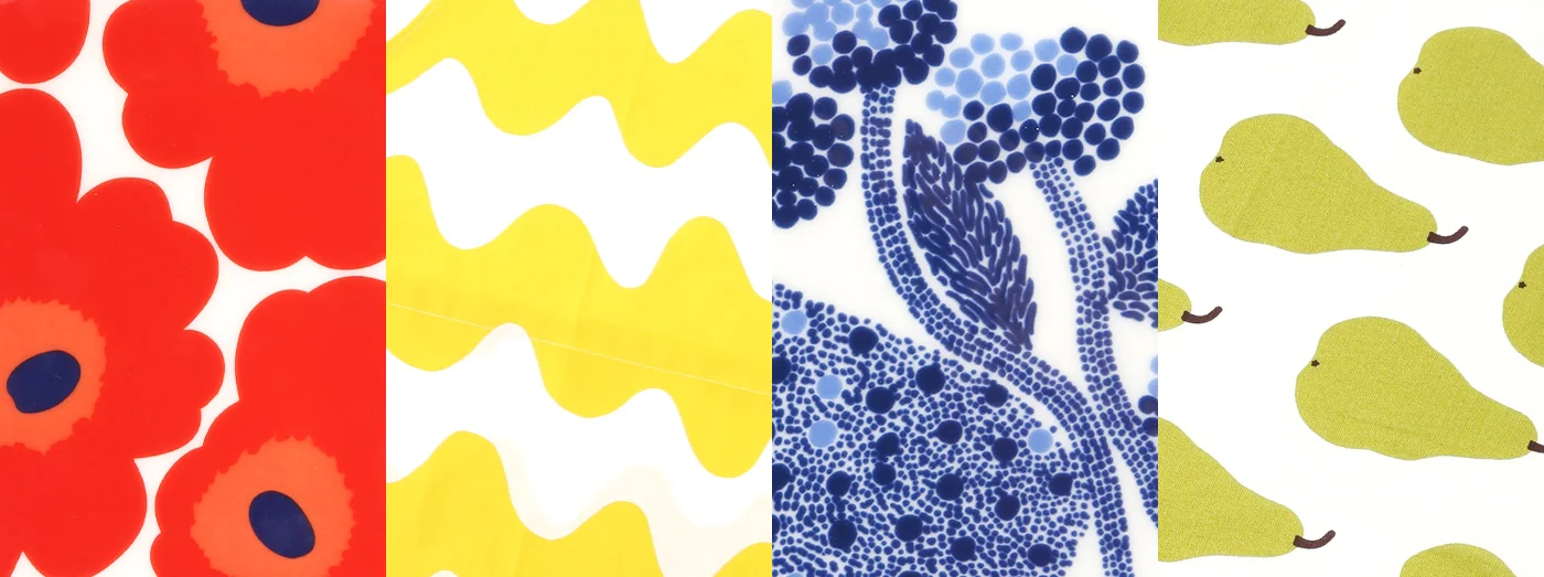 マリメッコの代表柄テキスタイル（ウニッコ柄・ロッキ柄など）を4枚並べたイメージ