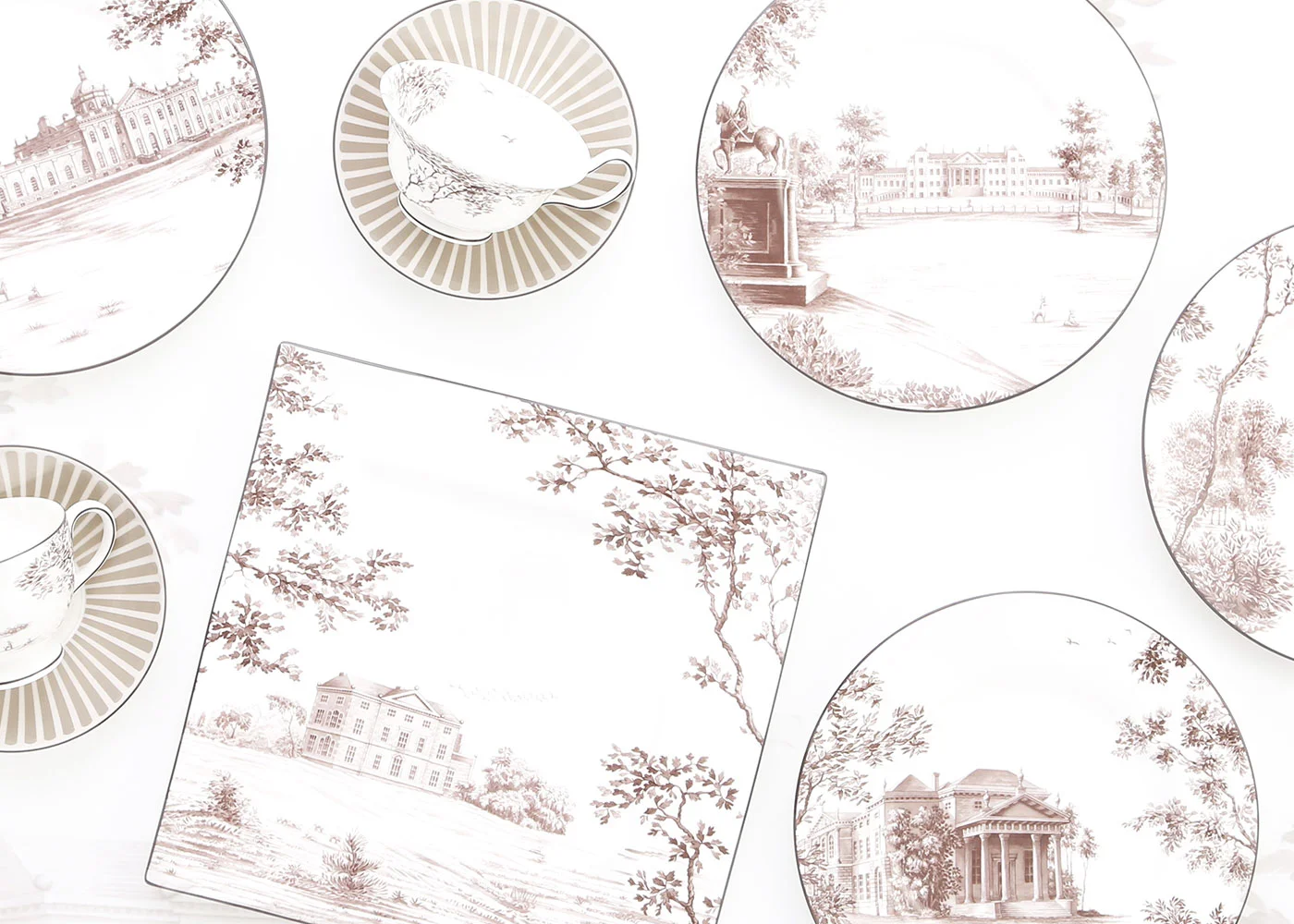 ウェッジウッド パークランドコレクションの皿とティーカップ（英国風景のトワル柄）