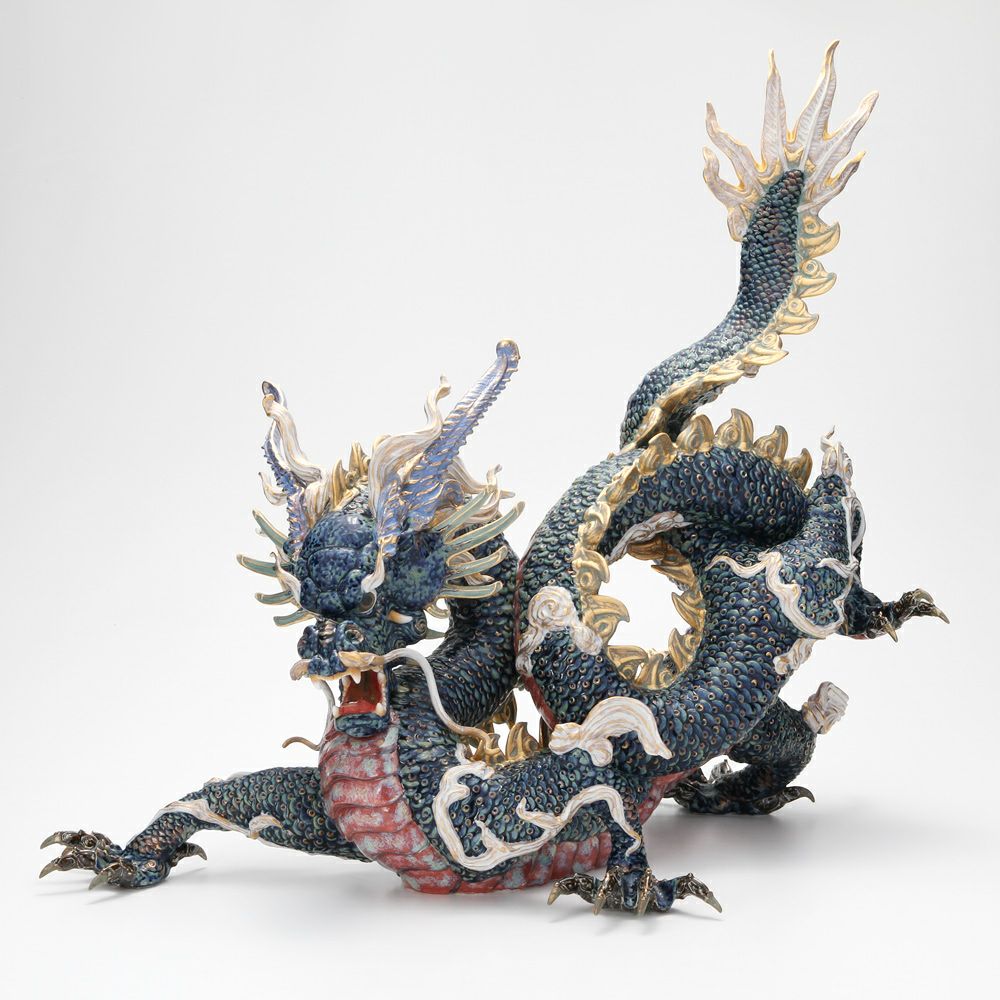 リヤドロ 臥龍 Blue＆Gold HIGH PORCELAIN 01934 台座付（横幅70×奥行き53×高さ74cm）