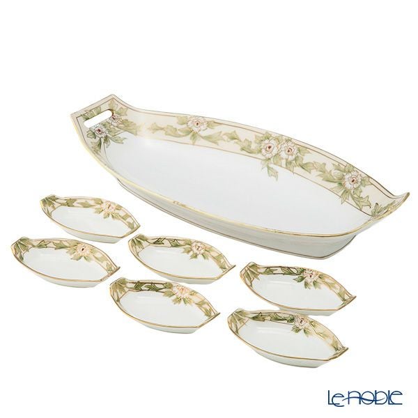 【1点限り】オールドノリタケ 金盛 白花葉模様 セロリーセット 7pcs