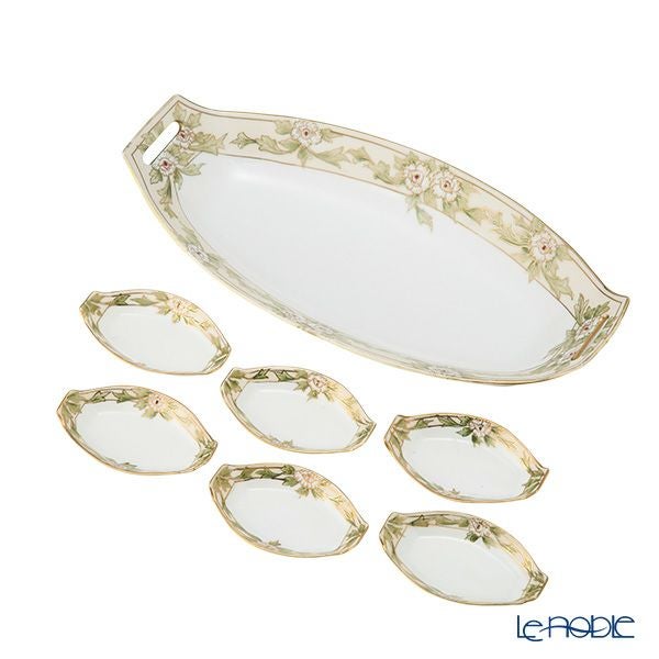 【1点限り】オールドノリタケ 金盛 白花葉模様 セロリーセット 7pcs