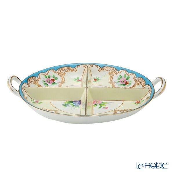 【1点限り】オールドノリタケ 金彩水色帯 花模様 ボウル 両手付 4つ取分け