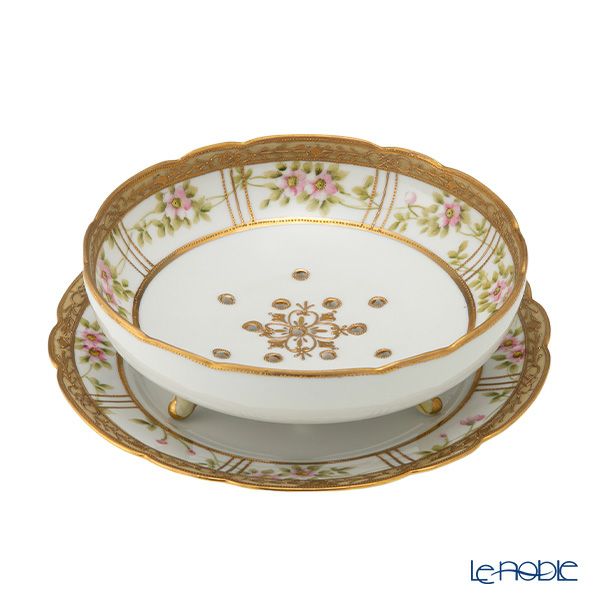 【1点限り】オールドノリタケ 金点盛り 花文帯 サラダボウル＆受け皿 3つ足付 花型