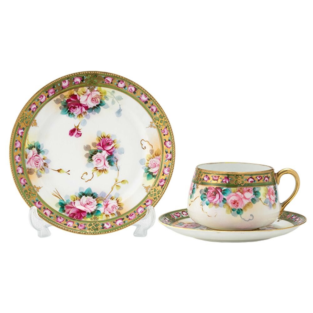 【1点限り】オールドノリタケ 金点盛り 小薔薇帯 薔薇文 トリオセット ティー