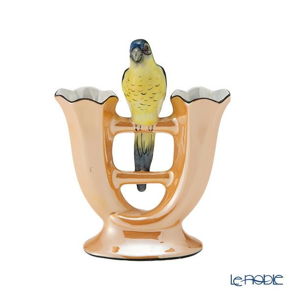 【1点限り】オールドノリタケ アールデコ オレンジラスター彩 二口花瓶 オウム鳥付