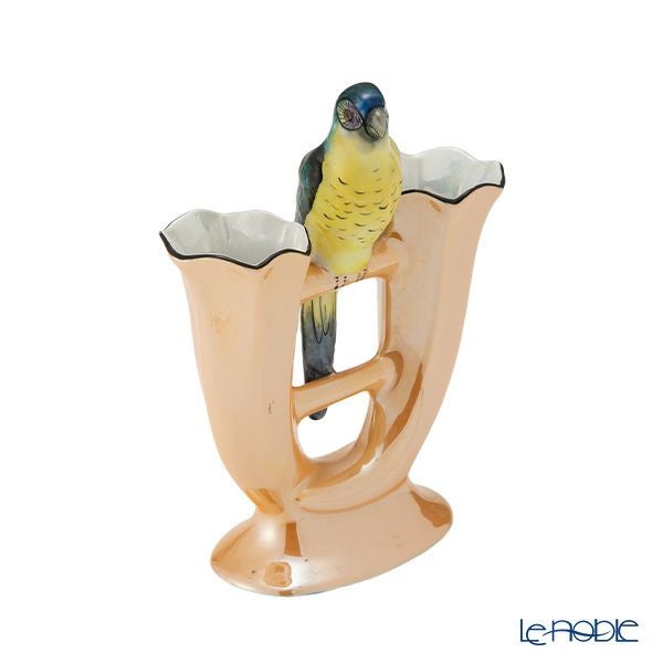 【1点限り】オールドノリタケ アールデコ オレンジラスター彩 二口花瓶 オウム鳥付