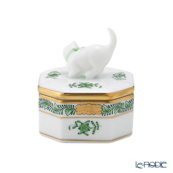 ヘレンド アポニーグリーン 06104-0-26／6074 オクタゴナルボックス（ネコ）