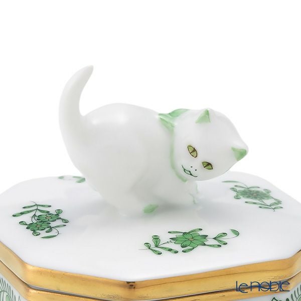 ヘレンド アポニーグリーン 06104-0-26／6074 オクタゴナルボックス（ネコ）