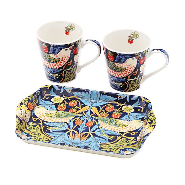 ピンパーネル ウィリアムモリス いちご泥棒 ブルー マグカップ 180ml ペア ＆ メラミン製トレイ 21×14cm セット