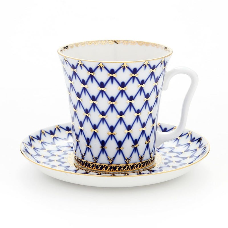 ロシア食器 インペリアル・ポーセリン コバルトネット マグ＆ソーサーセット 360ml