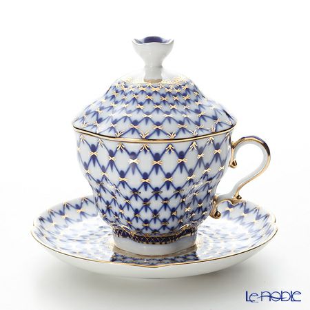 ロシア食器 インペリアル・ポーセリン コバルトネット ティーカップ＆ソーサー 250ml（ふた付）