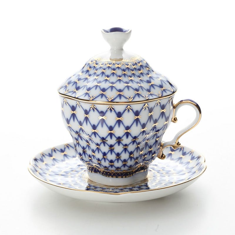 ロシア食器 インペリアル・ポーセリン コバルトネット ティーカップ＆ソーサー 250ml（ふた付）