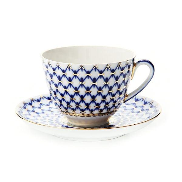 ロシア食器 インペリアル・ポーセリン コバルトネット ティーカップ＆ソーサー 250ml （スプリング）