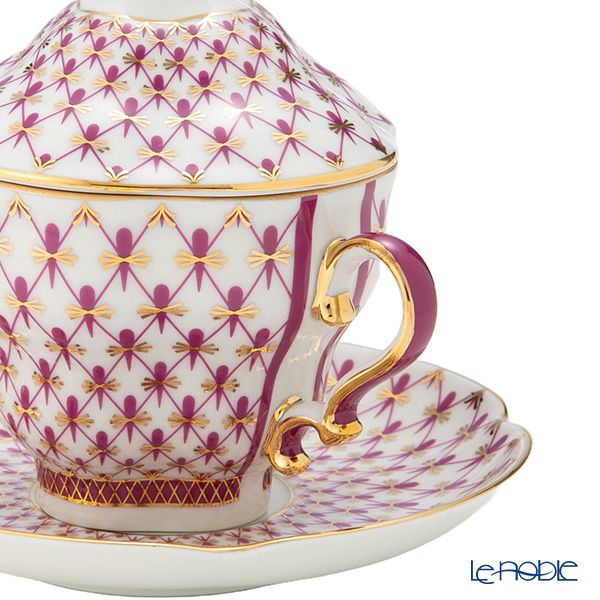 ロシア食器 インペリアル・ポーセリン ブルース（ピンクネット） ティーカップ＆ソーサー 250ml（ふた付）New