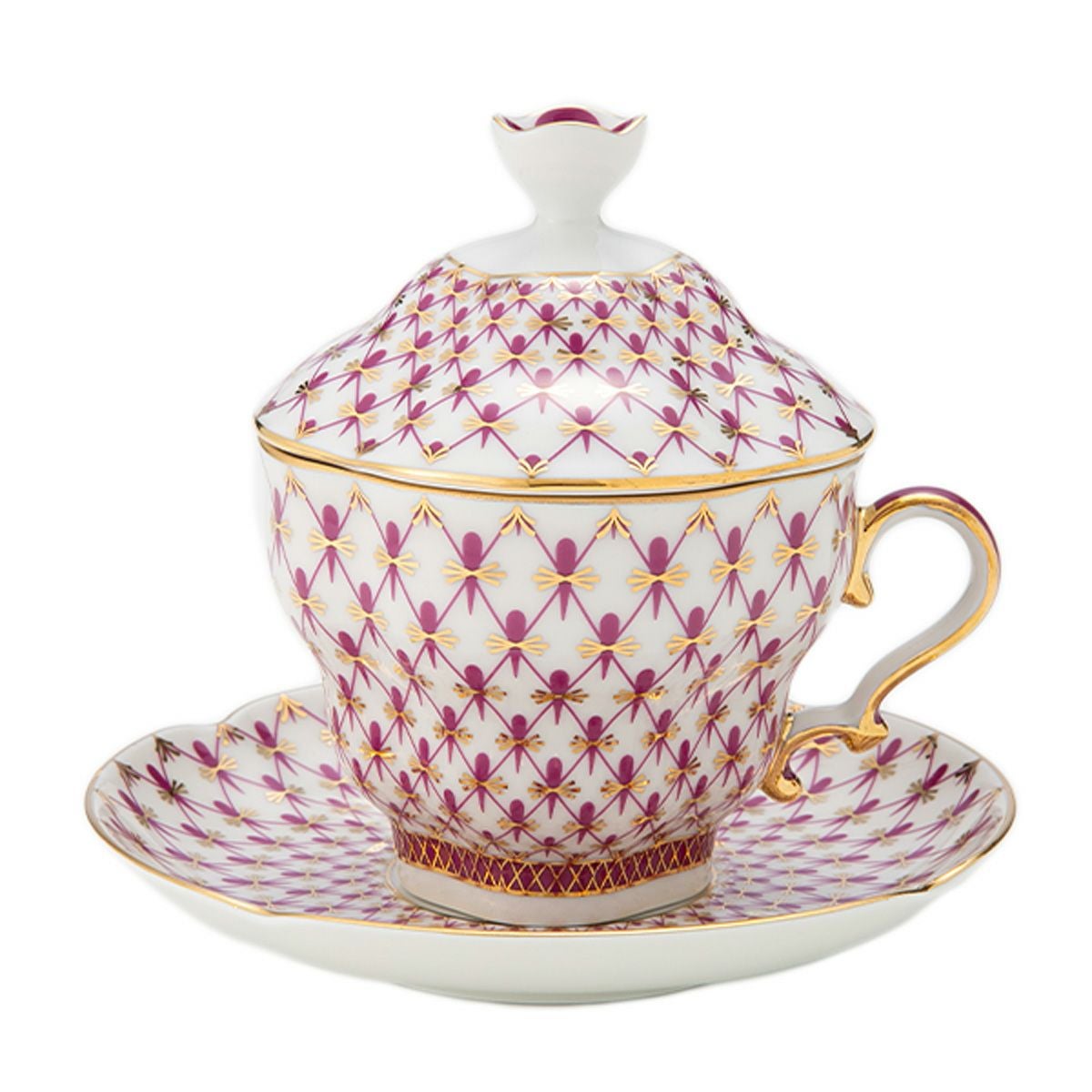 ロシア食器 インペリアル・ポーセリン ブルース（ピンクネット） ティーカップ＆ソーサー 250ml（ふた付）New