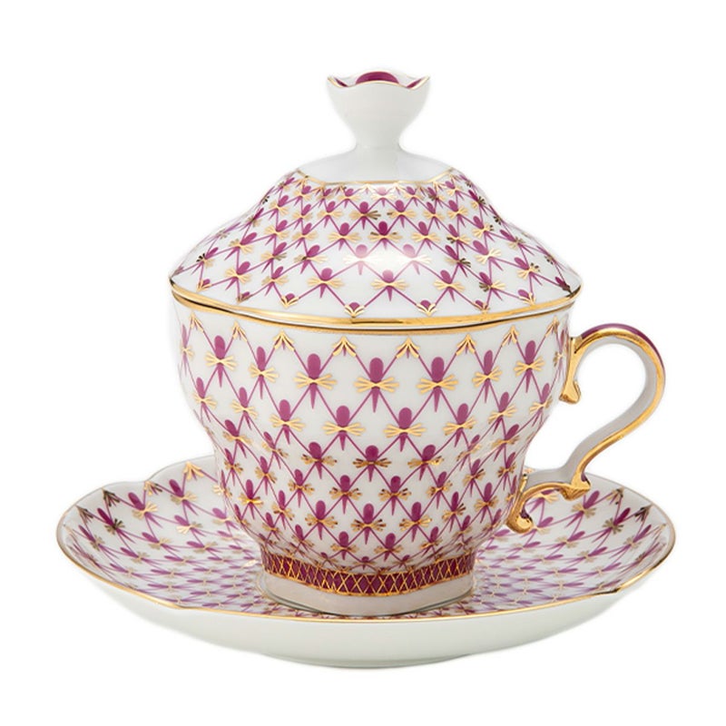 ロシア食器 インペリアル・ポーセリン ブルース（ピンクネット） ティーカップ＆ソーサー 250ml（ふた付）New