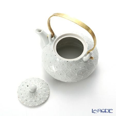 京焼・清水焼 ティーポット（石瓶） S0211 白磁金銀彩七宝紋 小250ml 真鍮ハンドル 洸春窯／高島慎一