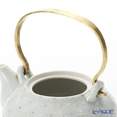 京焼・清水焼 ティーポット（石瓶） S0211 白磁金銀彩七宝紋 小250ml 真鍮ハンドル 洸春窯／高島慎一