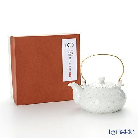 京焼・清水焼 ティーポット（石瓶） S0211 白磁金銀彩七宝紋 小250ml 真鍮ハンドル 洸春窯／高島慎一