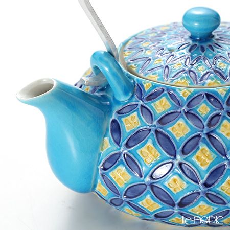 京焼・清水焼 ティーポット（石瓶） S0213 青交趾七宝 小 250ml アルミハンドル 洸春窯／高島慎一