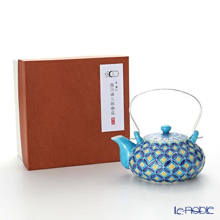 京焼・清水焼 ティーポット（石瓶） S0213 青交趾七宝 小 250ml アルミハンドル 洸春窯／高島慎一