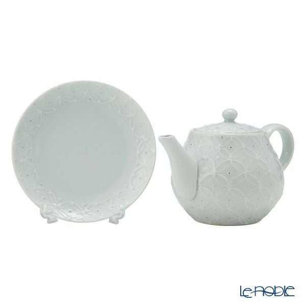 京焼・清水焼 ポット／急須 受け皿／小皿 付 白磁金銀彩七宝紋 洸春窯／高島慎一【ル・ノーブル 限定販売】