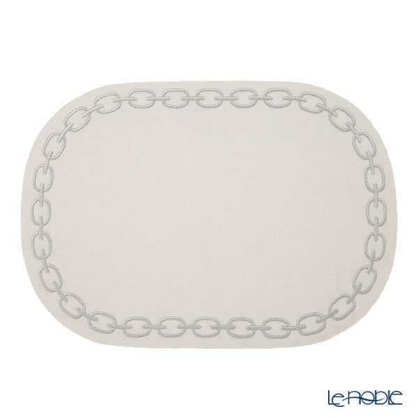 トルコ雑貨 アルテペレ チェーン プレースマット／ランチョンマット オーバル デニム調 ホワイト／グレー 刺繍ラメ入り 32×45cm PVC加工合皮製 撥水加工