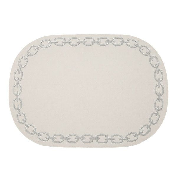 トルコ雑貨 アルテペレ チェーン プレースマット／ランチョンマット オーバル デニム調 ホワイト／グレー 刺繍ラメ入り 32×45cm PVC加工合皮製 撥水加工
