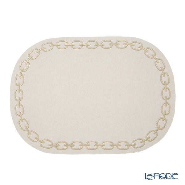トルコ雑貨 アルテペレ チェーン プレースマット／ランチョンマット オーバル デニム調 ホワイト／シャンパン 刺繍ラメ入り 32×45cm PVC加工合皮製 撥水加工