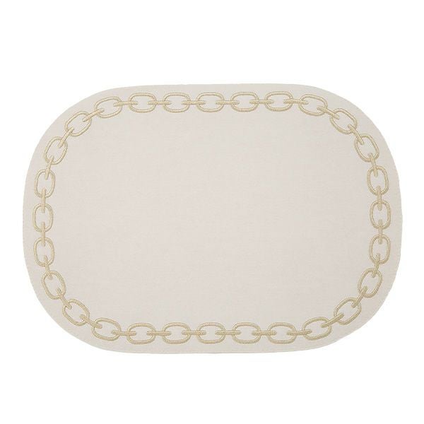 トルコ雑貨 アルテペレ チェーン プレースマット／ランチョンマット オーバル デニム調 ホワイト／シャンパン 刺繍ラメ入り 32×45cm PVC加工合皮製 撥水加工