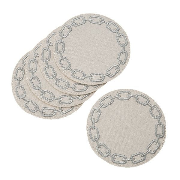 トルコ雑貨 アルテペレ チェーン コースター 11.5cm 5枚セット デニム調 ホワイト／グレー 刺繍ラメ入り PVC加工合皮製 撥水加工