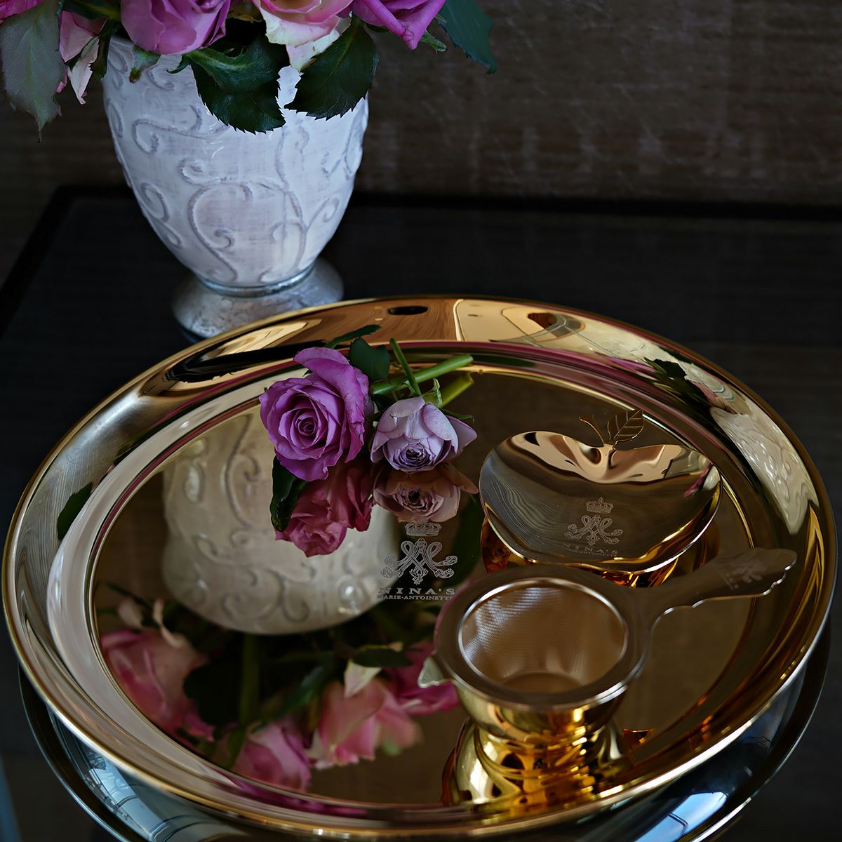 ニナス オリジナル マリーアントワネット クイーンズ ゴールドコレクション ティーストレーナー＆受け皿 ステンレス製 24金メッキ