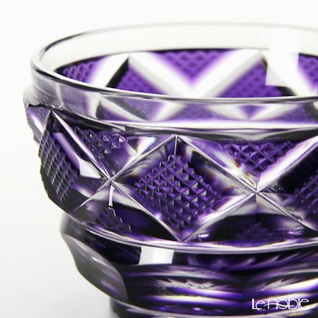 復元薩摩切子 猪口小／1402 矢来に魚子文 紫