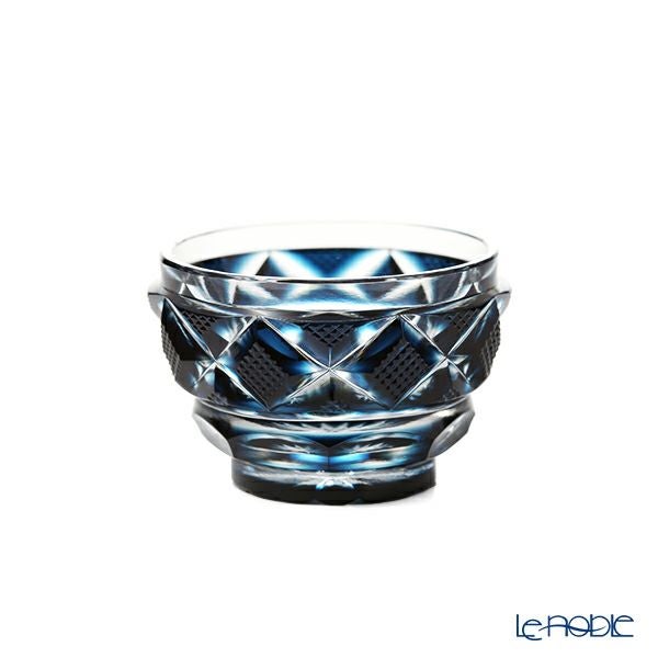 復元薩摩切子 猪口小／1406 矢来に魚子文（やらいにななこもん） 藍