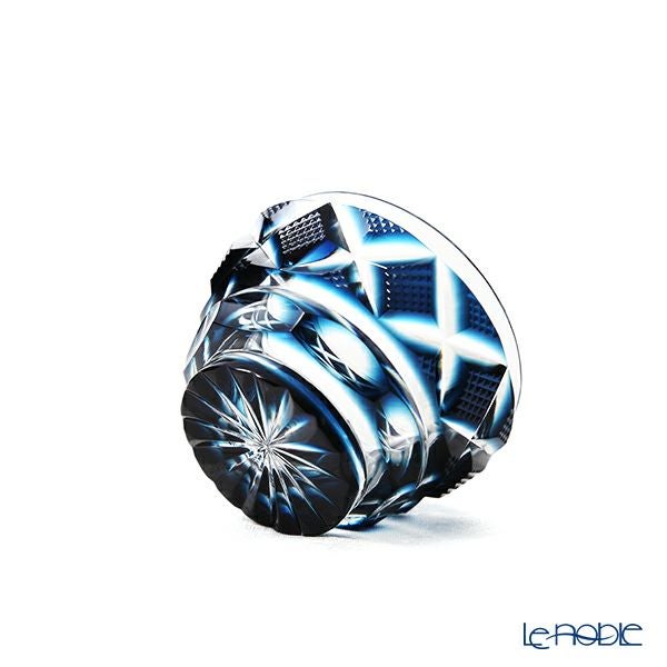 復元薩摩切子 猪口小／1406 矢来に魚子文（やらいにななこもん） 藍