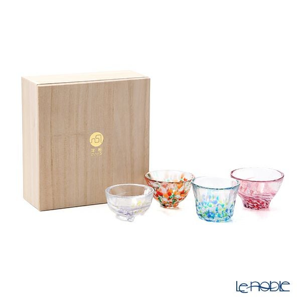 津軽びいどろ 四季の盃 ピンク／ブルー／オレンジ／ホワイト 盃（酒器）セット FS-71545 木箱入 4客揃