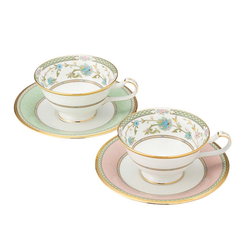 ノリタケ ヨシノ 9983-07J／Y6988 ティー・コーヒー兼用 碗皿 ペア ピンク＆グリーン