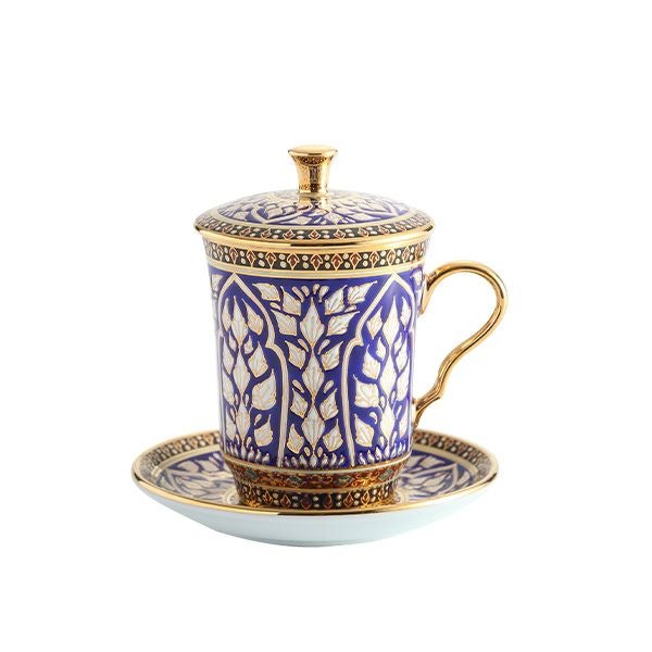 ブランベンジャロン工房 モカカップ＆ソーサー（蓋付） ロータスチャネルブルー 150ml