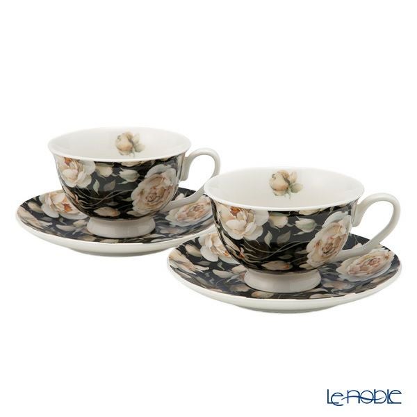 DUO フローラルシリーズ イングリッシュローズ カップ＆ソーサー ブラック ペア 250ml