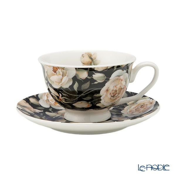 DUO フローラルシリーズ イングリッシュローズ カップ＆ソーサー ブラック ペア 250ml