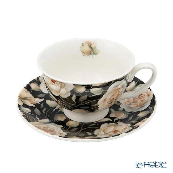 DUO フローラルシリーズ イングリッシュローズ カップ＆ソーサー ブラック ペア 250ml