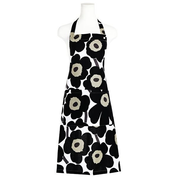 マリメッコ（marimekko） Pieni Unikko ピエニ ウニッコ エプロン ホワイト×ブラック 着丈84×身幅83cm コットン