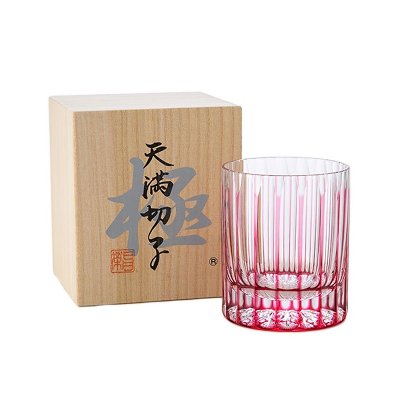 切子工房 昌榮 天満切子 十八縞 ロックグラス 金赤