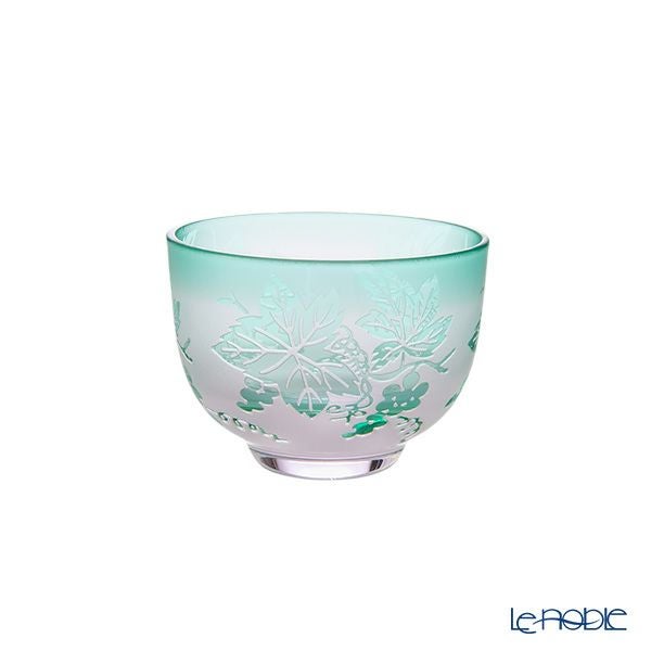 太武朗工房／タブロー 彫刻硝子 夢柄子 ぶどう紋 ぐい呑／豆鉢 ピンク／グリーン 80ml 3000