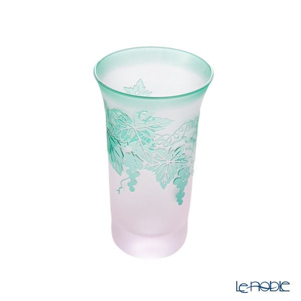 太武朗工房／タブロー 彫刻硝子 夢柄子 ぶどう紋 一口ビールグラス ピンク／グリーン 120ml 3006
