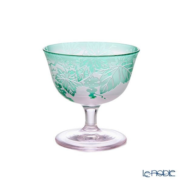 太武朗工房／タブロー 彫刻硝子 夢柄子 ぶどう紋 食前酒グラス／脚付小鉢 ピンク／グリーン 100ml 3007
