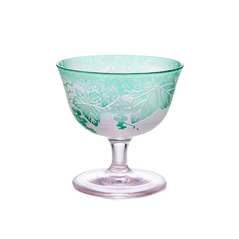 太武朗工房／タブロー 彫刻硝子 夢柄子 ぶどう紋 食前酒グラス／脚付小鉢 ピンク／グリーン 100ml 3007