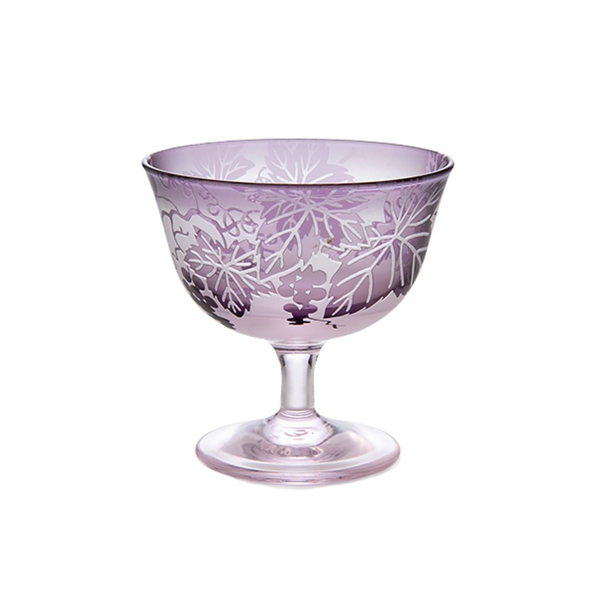 太武朗工房／タブロー 彫刻硝子 夢柄子 ぶどう紋 食前酒グラス／脚付小鉢 ピンク／パープル 100ml 3407